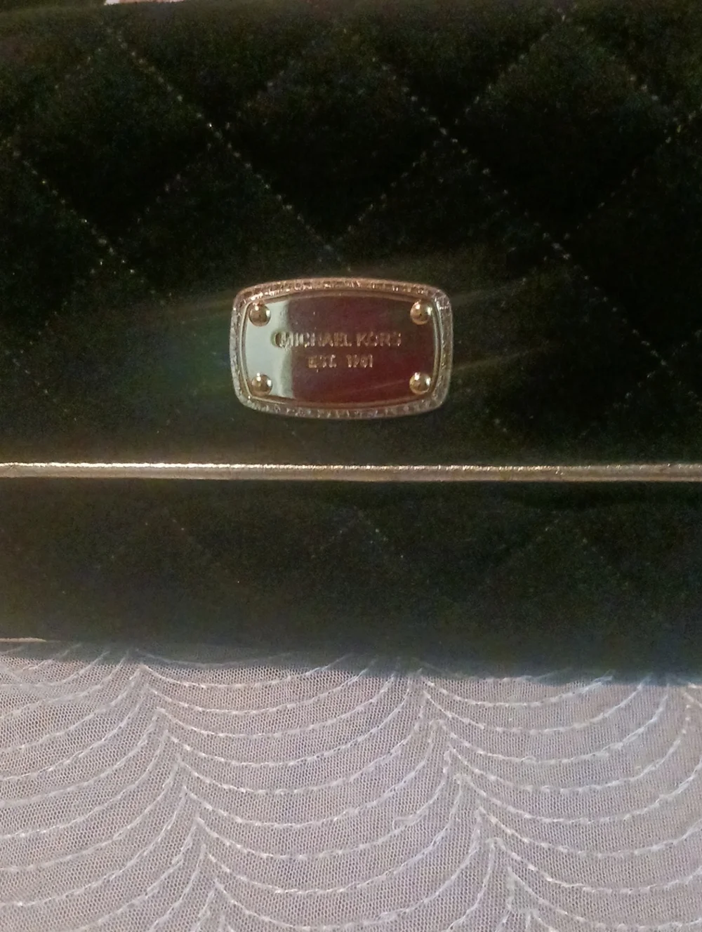 Michael Kors Black Quilted Velvet Clutch with Gold Plaque